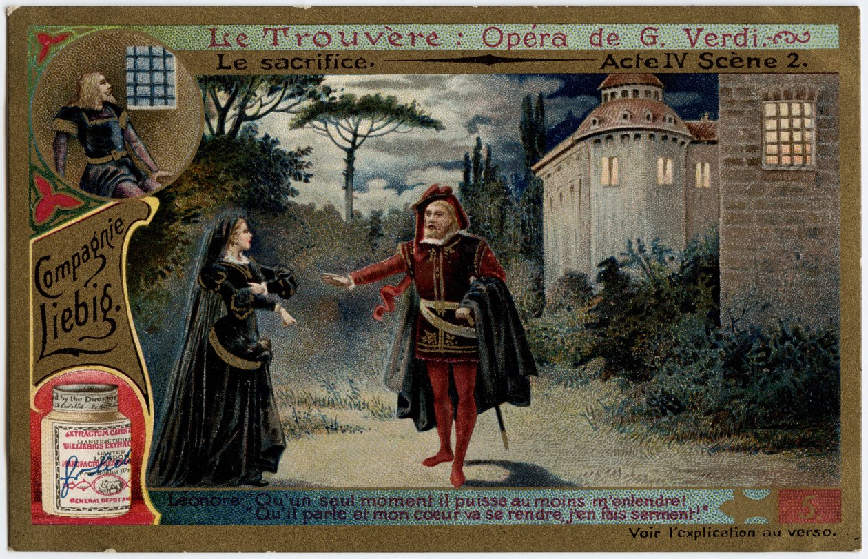مشهد التضحية الرابع 2. رسم توضيحي لأوبرا "البحث" (Il trovatore) لجوزيبي فيردي (1813-1901). Chromolithography (Chromo) Liebig من نهاية القرن التاسع عشر. بواسطة فنان غير معروف