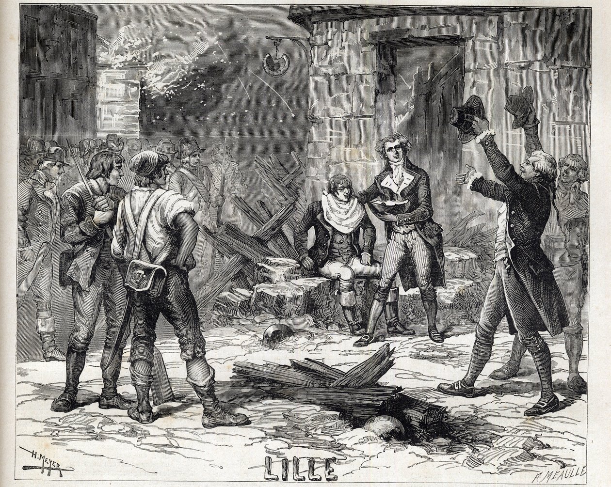 صحن الحلاقة ليل. حلقة من حصار ليل عام 1792 أثناء الحروب الثورية الفرنسية - حصار ليل في عام 1792: شعر مستعار مايس يستخدم أداة تحطيم قنبلة كطبق لحية لحلق عميل - بواسطة فنان غير معروف