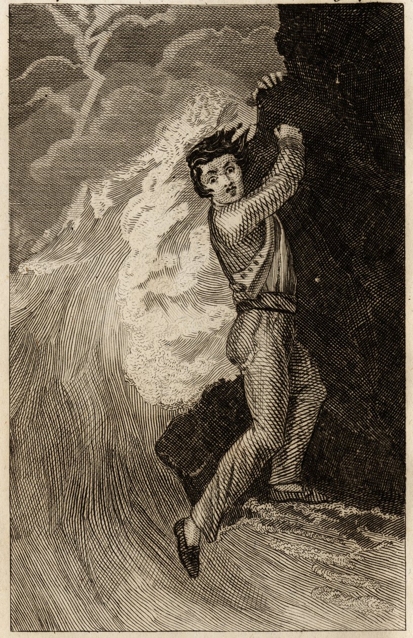 حطام سفينة روبنسون كروزو ، نقش مُدرج في "مغامرات روبنسون كروزو" بقلم دانيال ديفو (1660-1731) ، طبعة la librairie d'education ، باريس 1838. مجموعة سيلفا. بواسطة فنان غير معروف