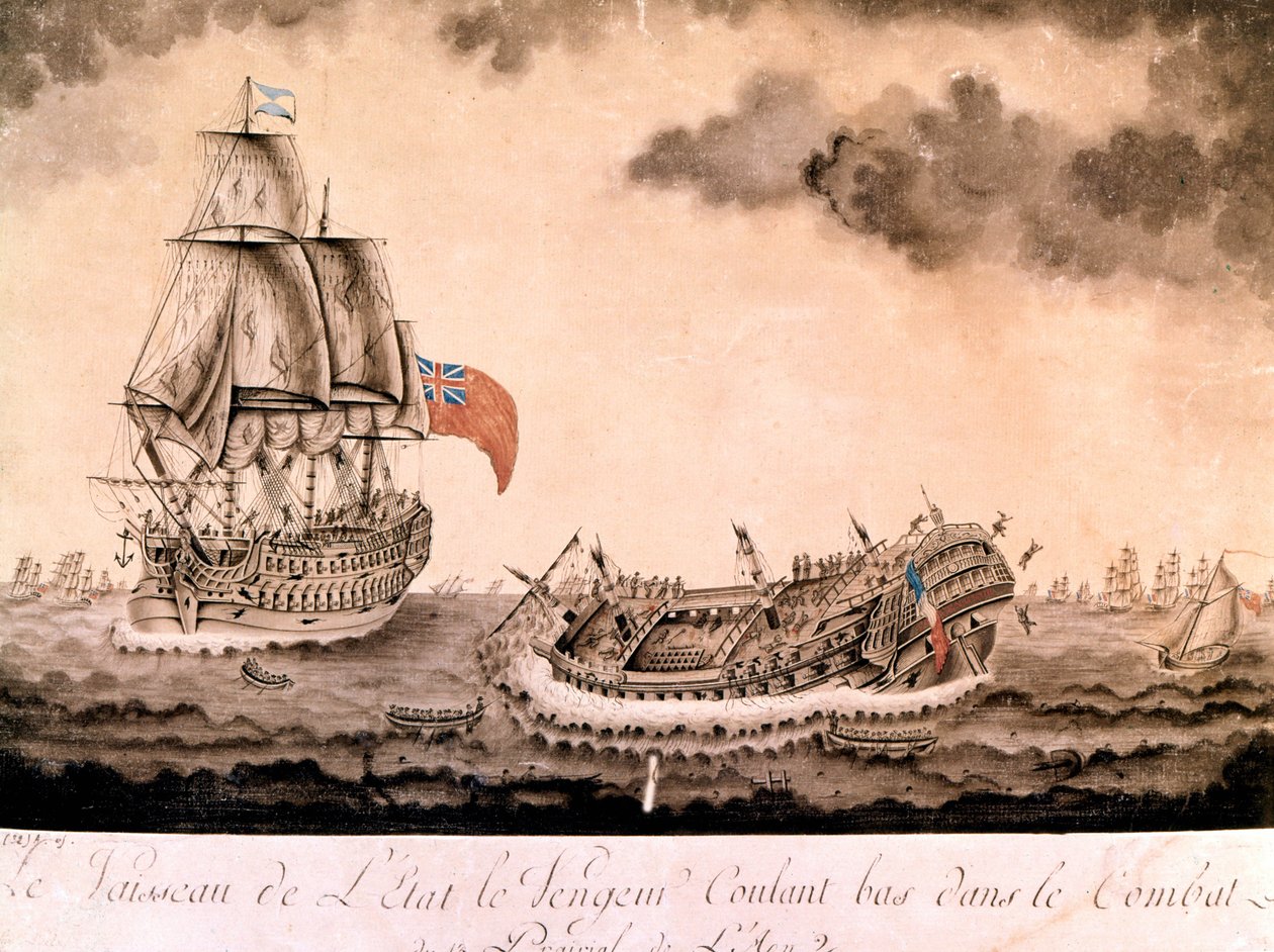 غرقت سفينة "المنتقم" قبالة بريست من قبل الأسطول الإنجليزي في 1/06/1794. نقش أواخر القرن الثامن عشر ، بداية القرن التاسع عشر. بواسطة فنان غير معروف