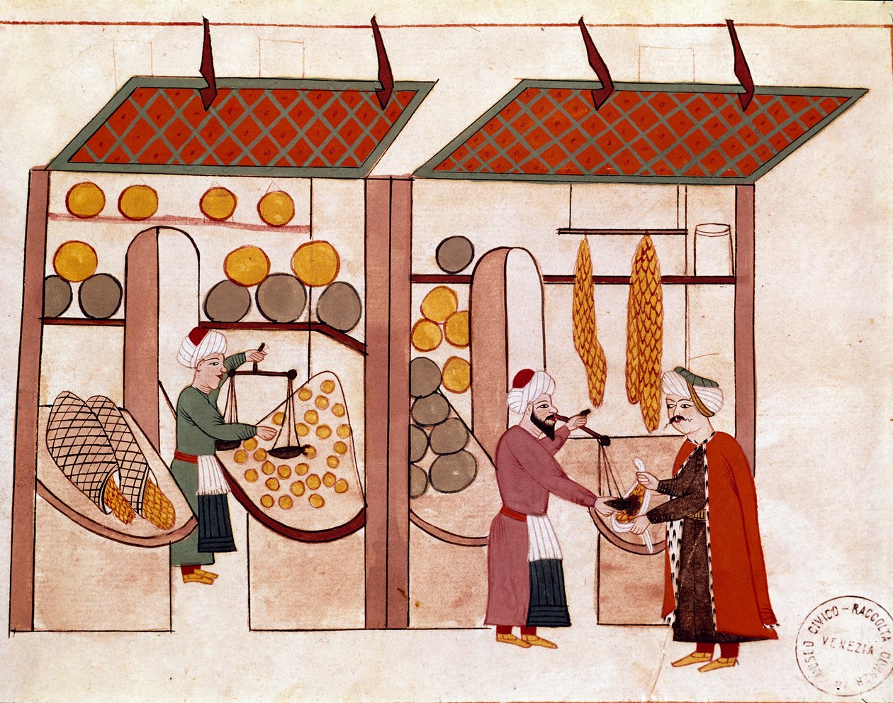 محل تاجر الفصول الأربعة ، على رذائل الفواكه والخضروات ، مصغر من مخطوطة Cicogna من القرن التاسع عشر (1828) بعد نسخة أصلية من القرن السابع عشر (1671). البندقية ، مكتبة مارسيانا بواسطة فنان غير معروف