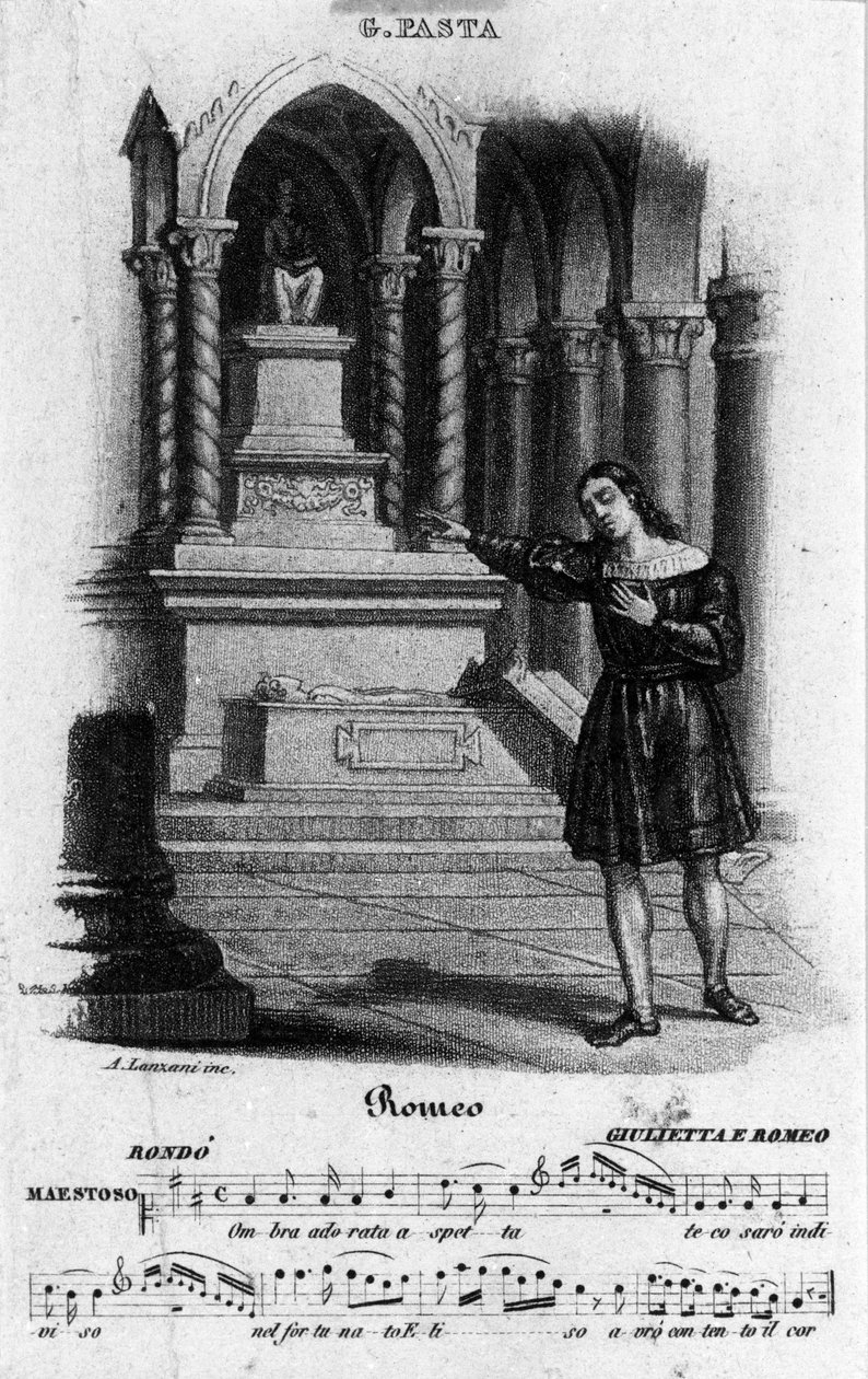 المغنية جوديتا باستا (1797-1865) تقوم بترجمة روميو في "جولييت وروميو" لنيكولا أنطونيو زينغاريلي (1752-1837) بواسطة فنان غير معروف