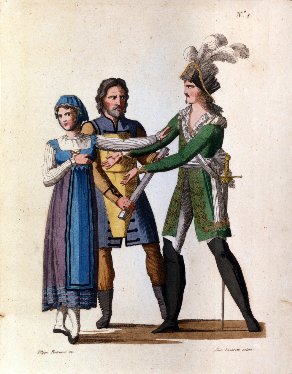 المغنون Savino Monelli (Bertrando) و Teresa Bellog (Isabella) و Filippo Galli (Tarabotto) في الأوبرا شبه الجادة "L'inganno felice" "(الطبقة السعيدة" "" لجيوشينو روسيني (1792-1826) 1824 بواسطة فنان غير معروف