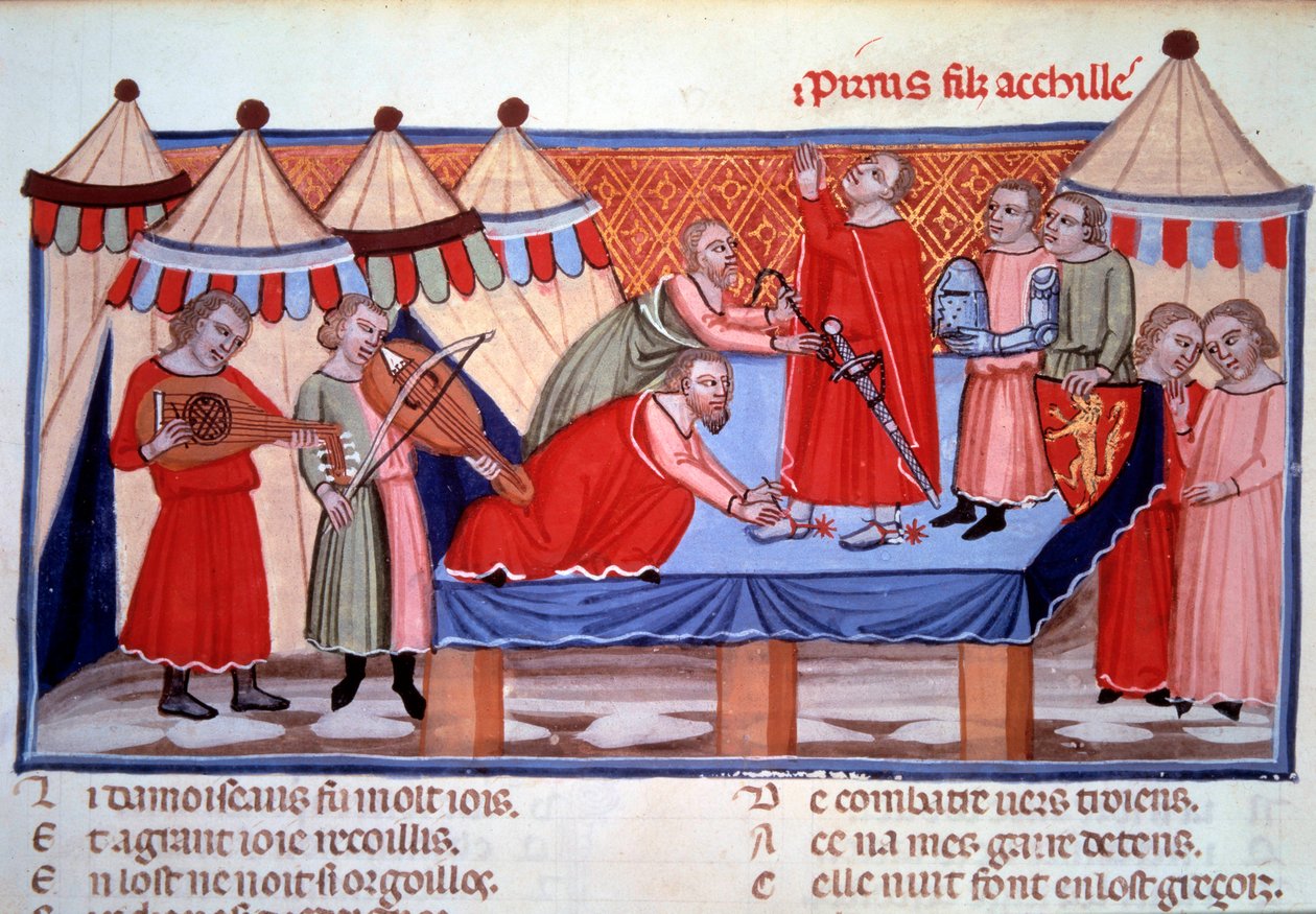 تليين بيروس بن أخيل. المنمنمة مأخوذة من "Le roman de Troie" بواسطة Benoit de Sainte-Maure (أواخر القرن الثاني عشر) ، أدرك الشاعر النورماندي حوالي 1160-1170 من أجل Alienor d'Aquitaine. 1300 تقريبًا. باريس ، BN بواسطة فنان غير معروف