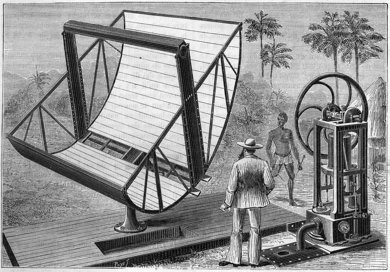 قام جون إريكسون (1803-1889) بتجربة آلة الطاقة الشمسية عام 1883 ، وهو مهندس أمريكي من أصل سويدي ، وأحد أبى استخدام الطاقة الشمسية. في الطبيعة. مراجعة العلوم وتطبيقاتها في الفنون والصناعة ". بواسطة فنان غير معروف