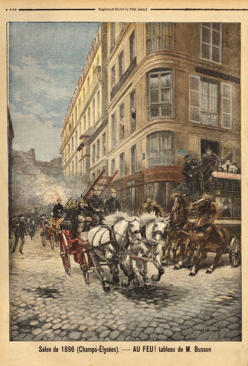 مضخة البخار وعربات رجال الإطفاء في باريس بحسب لوحة رسمها السيد بوسون. نقش في "" Le petit journal "" 3/05/1896. مجموعة سيلفا. بواسطة فنان غير معروف