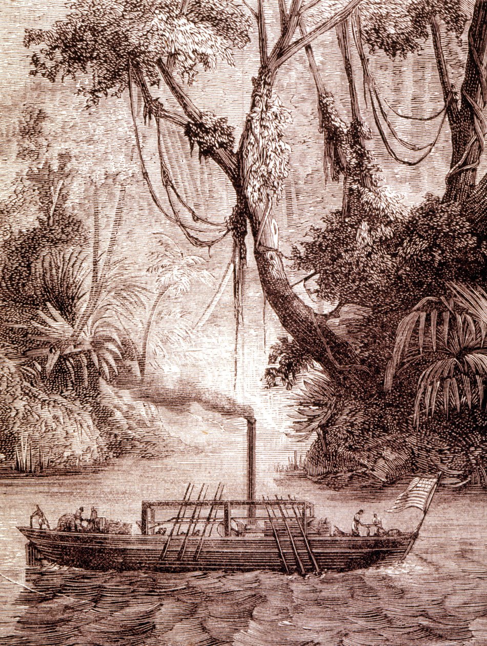 القارب البخاري للمخترع الأمريكي جون فيتش ، على نهر ديلاوير حوالي عام 1791. بواسطة فنان غير معروف