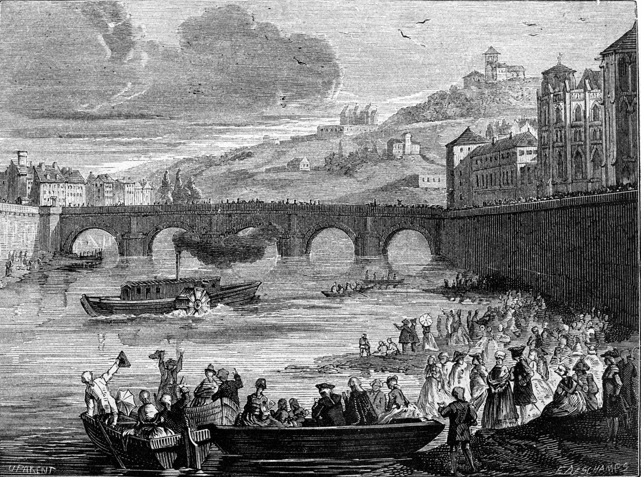 باخرة الماركيز جوفروي دابانس (1751 - 1832) تبحر لأول مرة في مياه سون في ليون في 15/7/1788. نقش القرن التاسع عشر. بواسطة فنان غير معروف