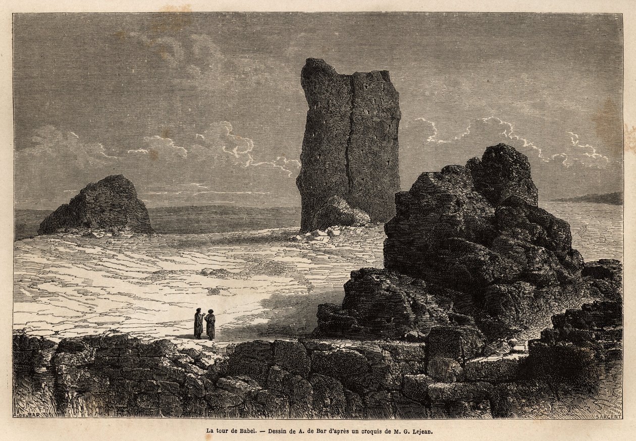 أطلال بيرس نمرود ذات واجهات المحلات ، والتي حددها المجتمع السياحي في بغداد (العراق) في ذلك الوقت ، على أنها برج بابل الأسطوري. نقش لتوضيح الرحلة إلى بابل ، في عام 1866 ، بواسطة غيوم ليجان ، في "Le tour du monde، nouveau j بواسطة فنان غير معروف