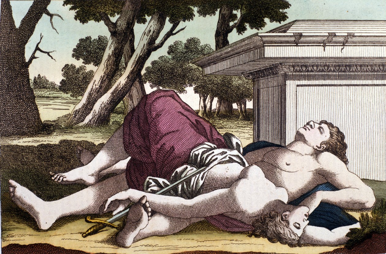 انتحار Pyramus (Pirame) تحت Murier وموت Thisbe. مقتنعًا بأن اللبؤة قد ألقت ثيسبي ، أعطى بيراموس نفسه الموت وغطى الأعراف البيضاء بدمائها. هذا ، يختبئ هربًا من الأسد ، يجد حبه ميتًا ومنتحراً بواسطة فنان غير معروف
