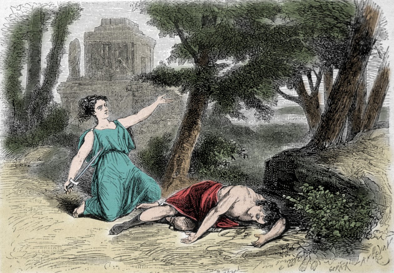 انتحار Pyramus (Pirame) تحت Murier وموت Thisbe. مقتنعًا بأن اللبؤة قد ألقت ثيسبي ، أعطى بيراموس نفسه الموت وغطى الأعراف البيضاء بدمائها. هذا ، يختبئ هربًا من الأسد ، يجد حبه ميتًا ومنتحراً بواسطة فنان غير معروف