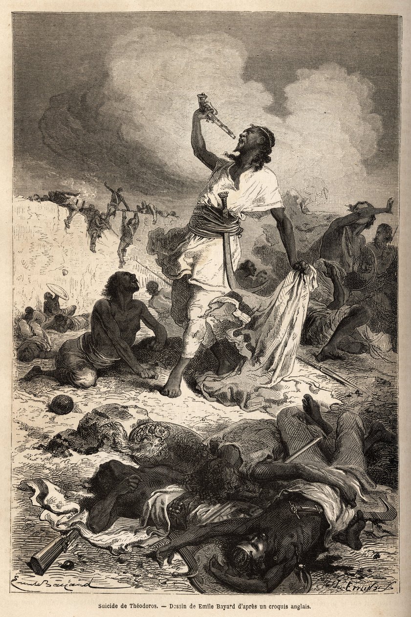 انتحار إمبراطور إثيوبيا ثيودوروس الثاني (تيودروس) (حوالي 1818-1868) في 13 أبريل بواسطة فنان غير معروف