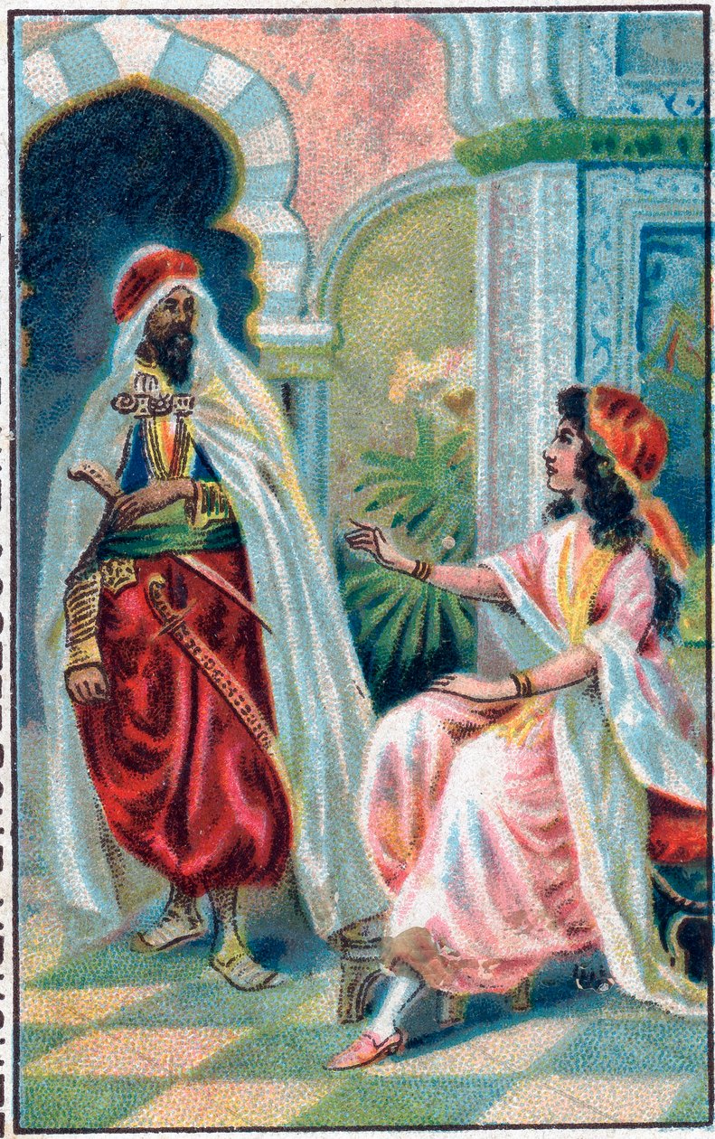 السلطان والأميرة. حكاية "" تاريخ الحصان المسحور "" في "" ألف ليلة وليلة "" (1001 Nights or Le mille e una notte، Arabian Nights). الطباعة الحجرية الملونة في أواخر القرن التاسع عشر. بواسطة فنان غير معروف