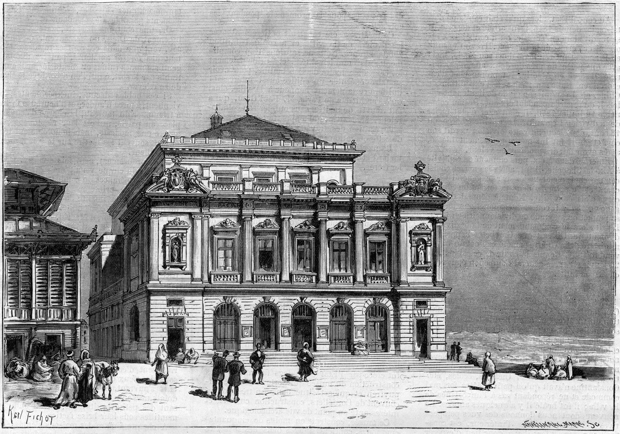 مسرح قسنطينة في الجزائر بناه المهندس المعماري بول جان جيون (1838-1904) بين عامي 1877 و 1883 - خارج المسرح بواسطة فنان غير معروف