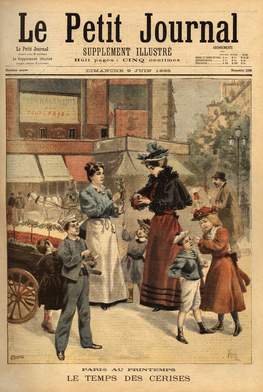 زمن الكرز ، تاجر يمشي في شوارع باريس. نقش في "Le petit journal" 9/06/1895. مجموعة سيلفا. بواسطة فنان غير معروف