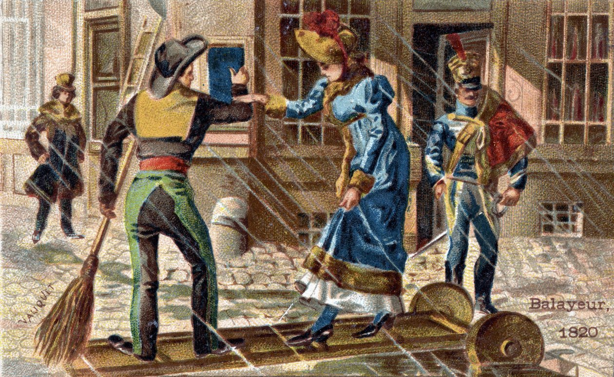 تجارة الكنّاس عام 1820: كناسة تساعد شابة في عبور بركة مياه. بواسطة فنان غير معروف