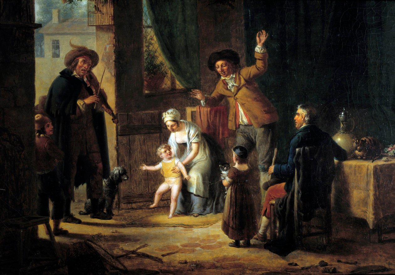 The travelling musician A violinist plays music at the door of a family house. Anonymous painting. 1819 Paris, Decorative Arts بواسطة فنان غير معروف