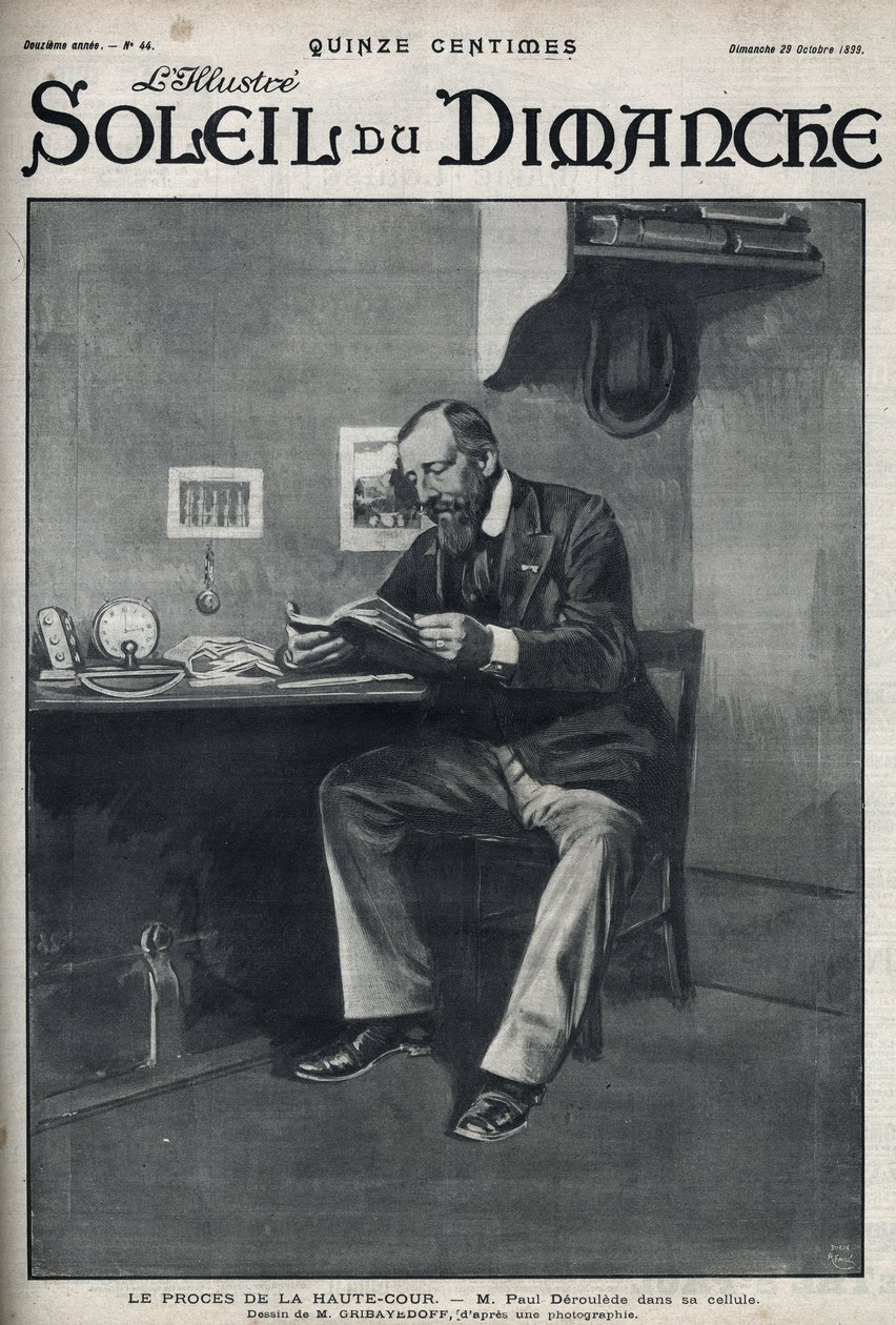 محاكمة المحكمة العليا: السيد بول ديروليد (1846-1914) ، كاتب فرنسي وناشط قومي يمثل فاعلًا مهمًا في مناهضة دريفوسيزم ، في زنزانته بعد محاولته الانقلابية في 23 فبراير. نقش في "Le sun-du-dimanche" ، 29 أكتوبر بواسطة فنان غير معروف