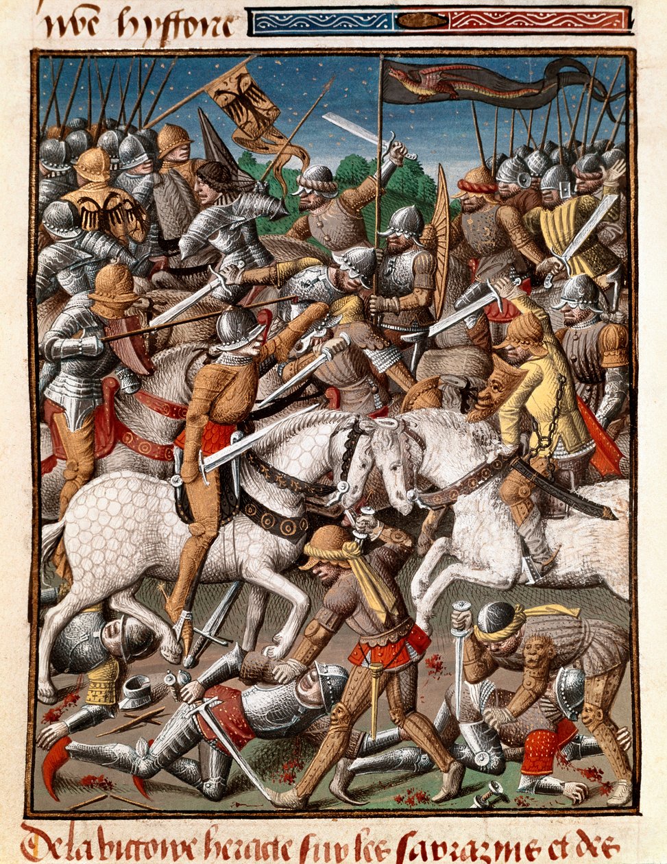 انتصار الإمبراطور البيزنطي هرقل (هيراكليوس (حوالي 575-641) على مصغر سارازين في "" Le miroir historyial "" (Speculum Historiale) (ms. 1196 fol. 65 v.) بواسطة Vincent de Beauvais (1190-1264) ترجم إلى الفرنسية جان دي فيجناي بواسطة فنان غير معروف