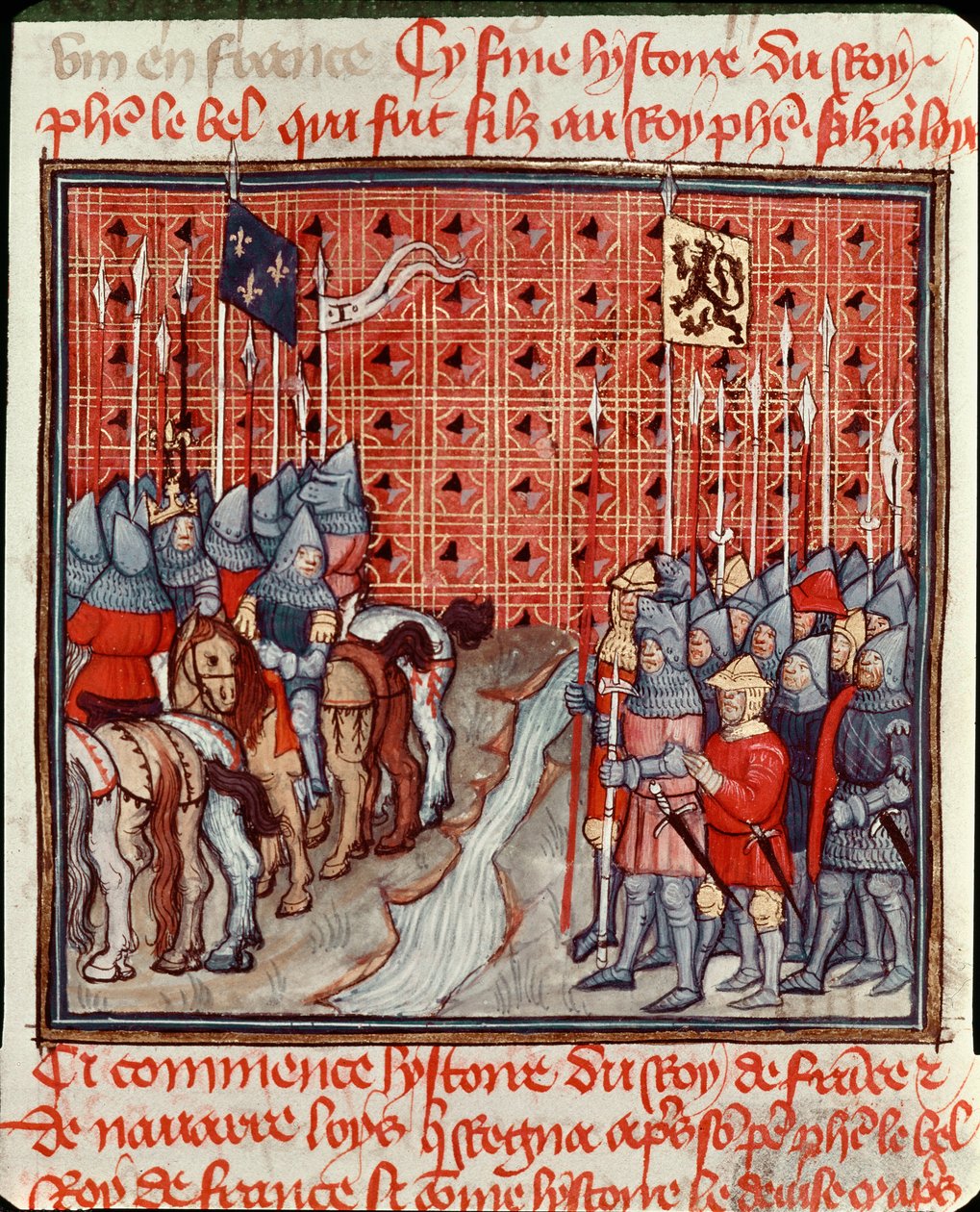 تلتقي أسلحة فيليب الرابع ذي بيل (1268-1314) على ضفة نهر بجيش مصغر للعدو من "" Les grandes Chronicles de France "" القرن الرابع عشر شانتيلي ، متحف كوندي بواسطة فنان غير معروف