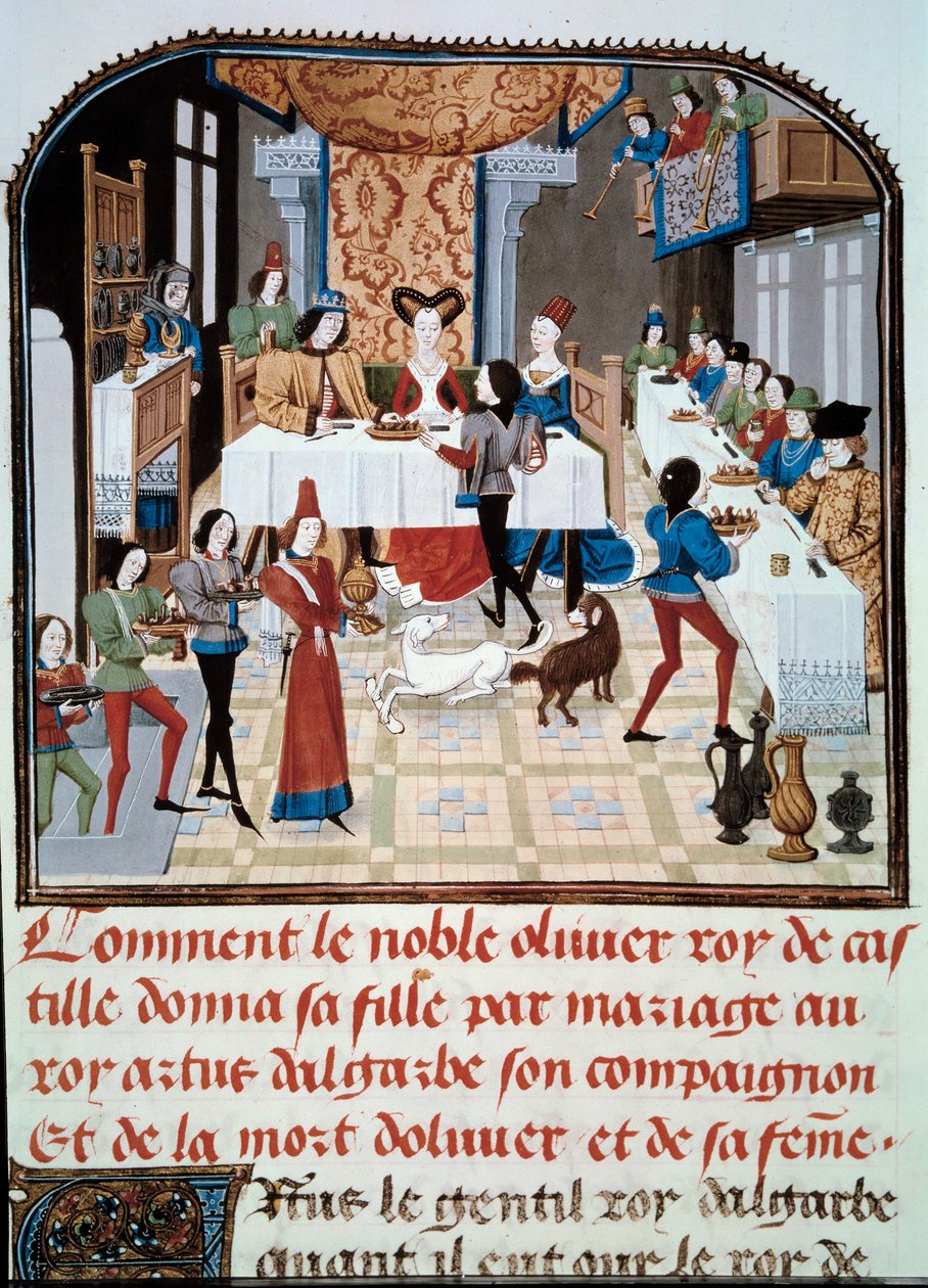 مأدبة زفاف ابنة Olivier de Castile مع Artus d'Algarve (أو Algarbe) مصغر مأخوذ من "" Histoire d'olive de castille et artus d'algarb "" "fr. 12574 ، ص. 181V ، حوالي 1467. Paris، BN بواسطة فنان غير معروف