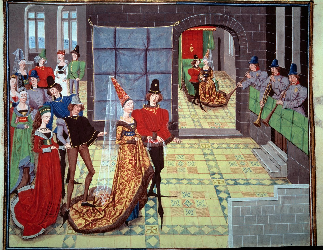 حفل زفاف رينود وكلاريس ، في الخلفية ليلة الزفاف. صورة مصغرة من مخطوطة "Renaud de Montauban" أو "Les quatre fils Aymon" بواسطة Loyset Liedet (نشط بين عامي 1448 و 1478). السيدة 5073. مكتبة القرن الخامس عشر ، مكتبة أرسنال ، بنسلفانيا بواسطة فنان غير معروف