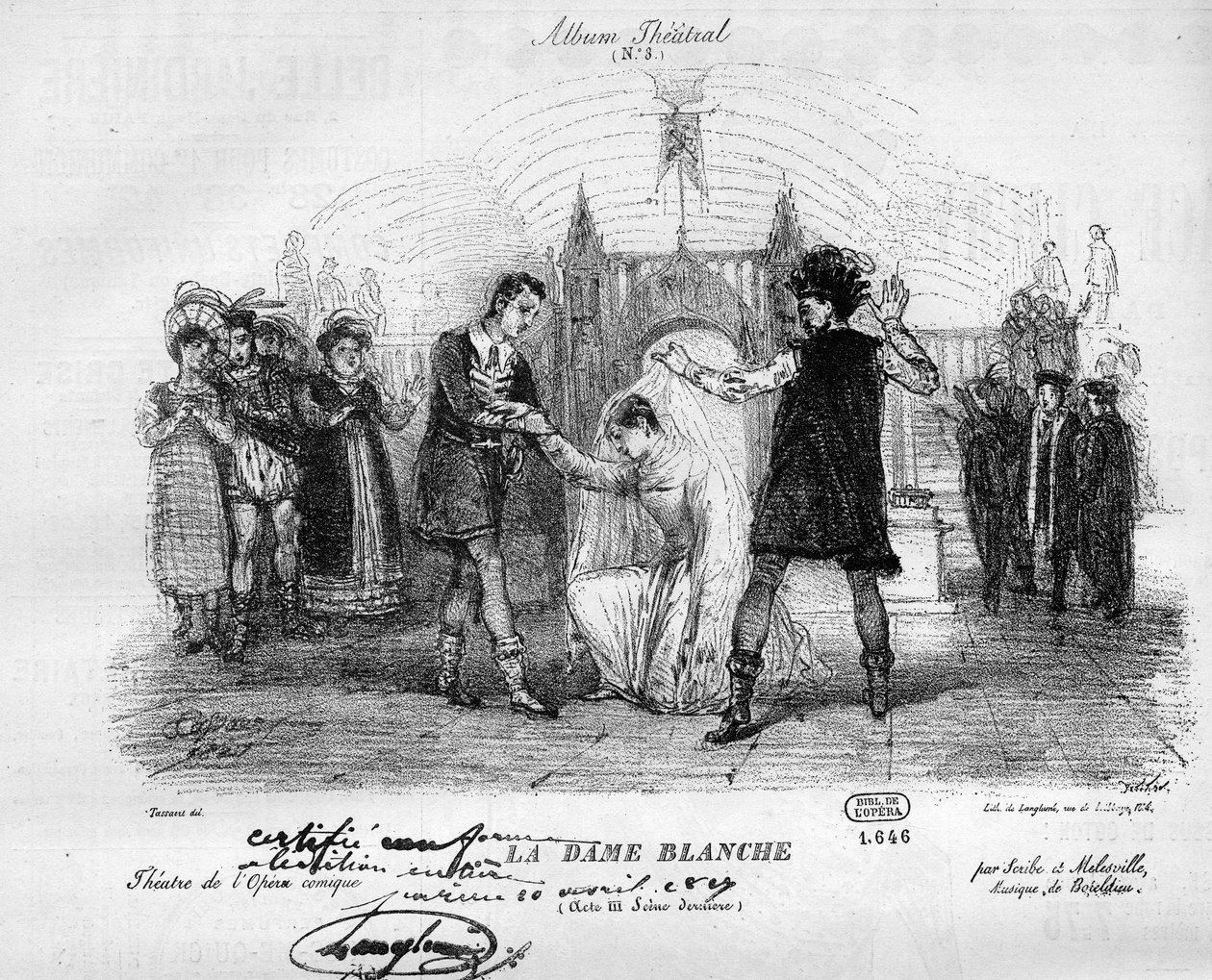 السيدة البيضاء في الأزياء الأصلية لعام 1825. أوبرا في ثلاثة أعمال لفرانسوا أدريان بويديو (1775-1834). نقش في "" Le Monde Illustré "" بواسطة فنان غير معروف
