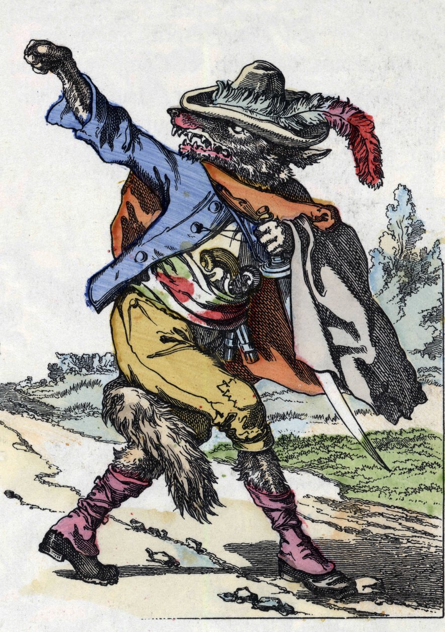 الذئب. رسم توضيحي لحكاية "Compere le Loup، Maitre Renard، Comere la Chevre et ses petits biquets" "بعد حكاية جان دو لا فونتين. في "" حكايات من المنزل للصغار "". نقش مجهول من القرن التاسع عشر. بواسطة فنان غير معروف