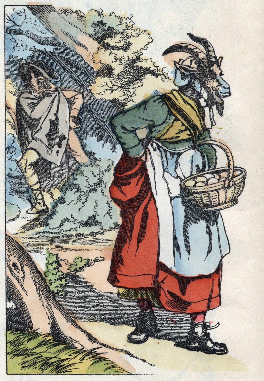 يبحث الذئب عن الماعز وهو يغادر منزله. رسم توضيحي لحكاية "Compere le Loup، Maitre Renard، Comere la Chevre et ses petits biquets" بعد حكاية جان دو لا فونتين. في "" حكايات من المنزل للصغار "". نقش مجهول بواسطة فنان غير معروف