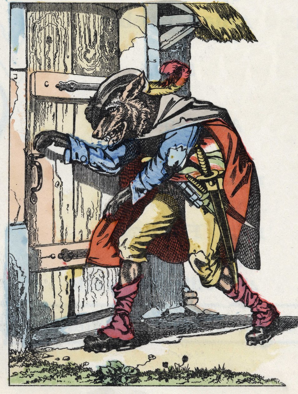 الذئب يقرع باب بيت البيكيه. رسم توضيحي لحكاية "Compere le Loup، Maitre Renard، Comere la Chevre et ses petits biquets" بعد حكاية جان دو لا فونتين. في "" حكايات من المنزل للصغار "". نقش مجهول o بواسطة فنان غير معروف