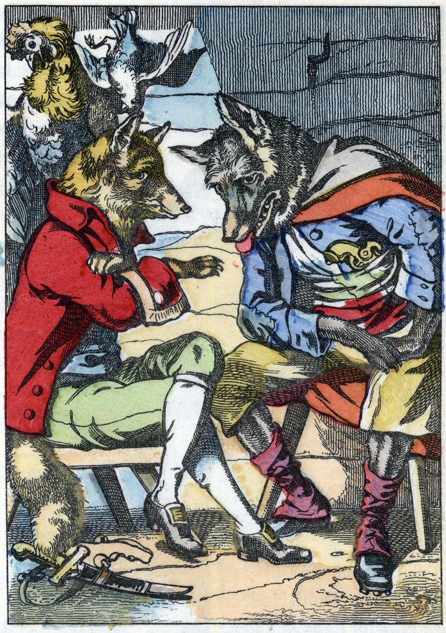 الذئب يلتقي الثعلب مرة أخرى. رسم توضيحي لحكاية "Compere le Loup، Maitre Renard، Comere la Chevre et ses petits biquets" "بعد حكاية جان دو لا فونتين. في "" حكايات من المنزل للصغار "". نقش مجهول من القرن التاسع عشر. بواسطة فنان غير معروف
