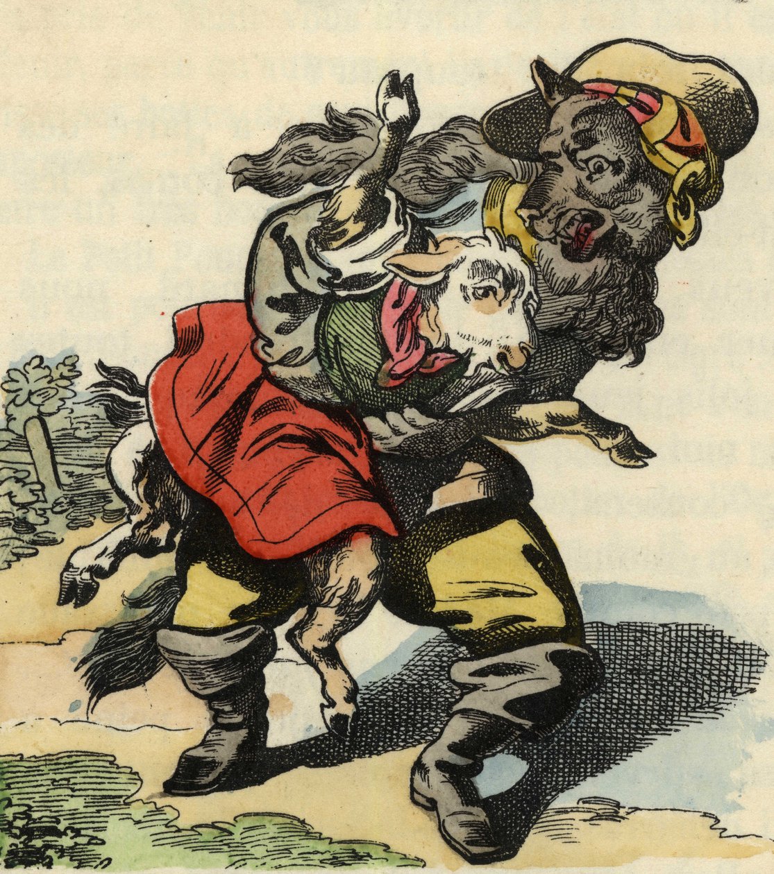 الذئب يهرب مع طفل صغير. رسم توضيحي لحكاية "Bon Medor and Little Chevrette" ". في "" حكايات من المنزل للصغار "". نقش مجهول من القرن التاسع عشر. بواسطة فنان غير معروف