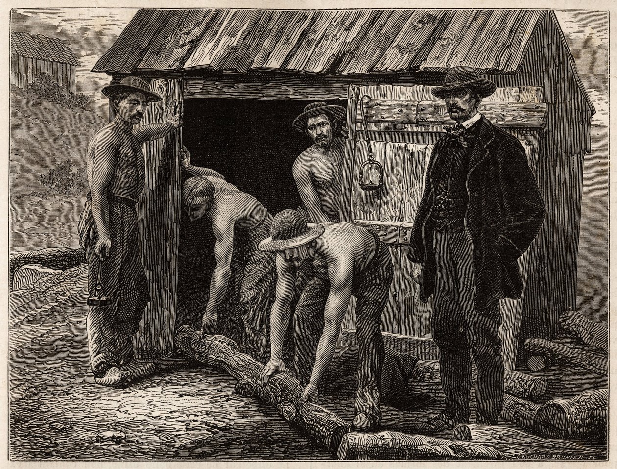 The woodworkers of the Montchanin mine, throwing them into the well inclined; in costume, the mine