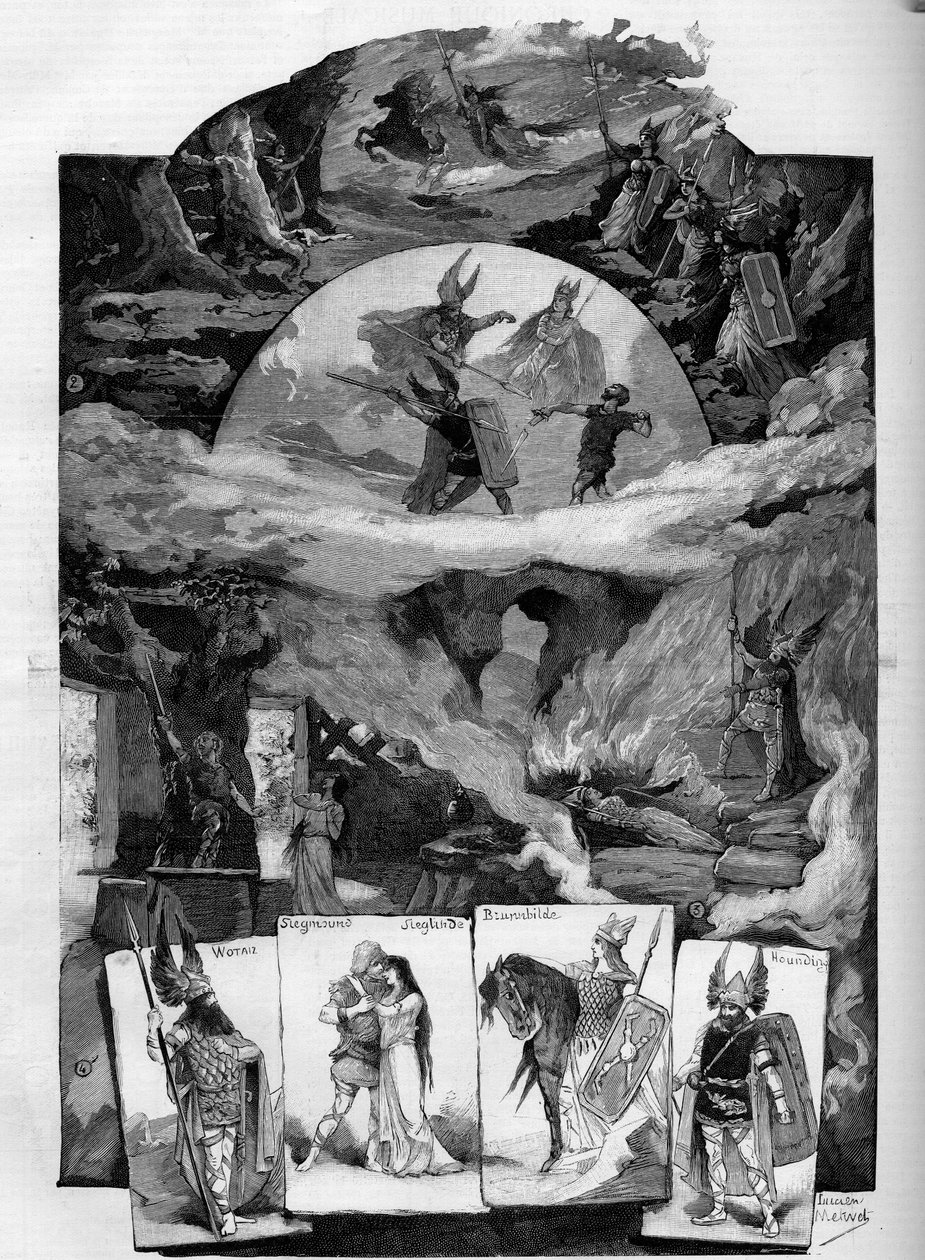 تمثل القطعة المسرحية "Die Walkure" (The Walkyrie) ، دراما لريتشارد واجنر (1813-1883) في مسرح Théâtre de la Monnaie في بروكسل. نقش في "" Le monde اللامع "" بواسطة فنان غير معروف