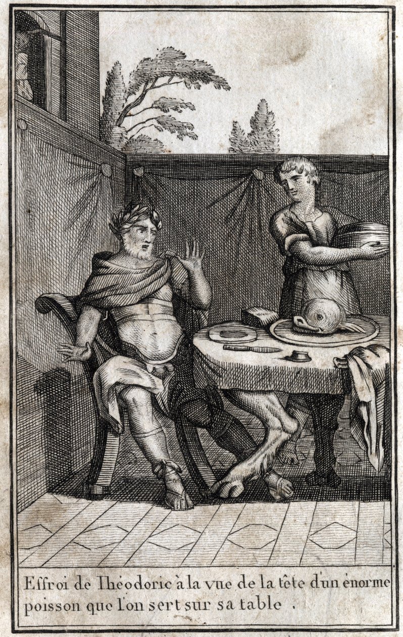 ثيودوريك الكبير (حوالي 454 / 455-526) ، ملك القوط ، خائف من رؤية رأس سمكة ضخمة تخدم على مائدته. نقش في redige "Beaute de l'histoire du basse Empire" بواسطة PJBN 1814. بواسطة فنان غير معروف