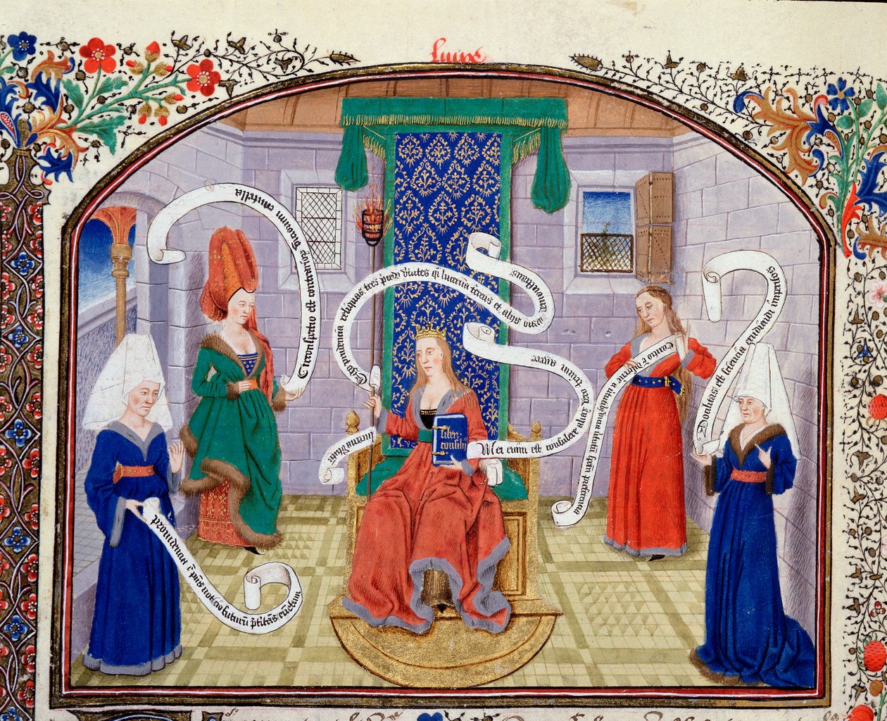 نظرية الفضائل الفكرية. كلمات مكتوبة في phylacteres. صورة مصغرة من المخطوطة (Ms 927 Fol.93v) "" تعليق على الأخلاق السياسية والاقتصادية "للفيلسوف اليوناني أرسطو (383-322 قبل الميلاد) ترجمه نيكولا أورسمي (1325-1382) بواسطة فنان غير معروف