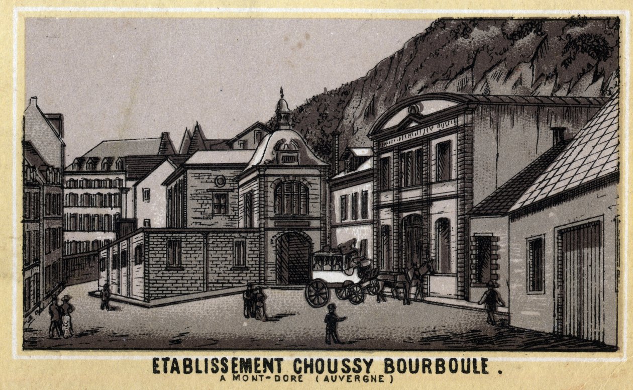 منشآت حرارية في Choussy a Bourboule في جبل Monts Dore ، في مقاطعة Puy-de-Dome في أوفيرني. الطباعة الحجرية الملونة في أواخر القرن التاسع عشر. بواسطة فنان غير معروف