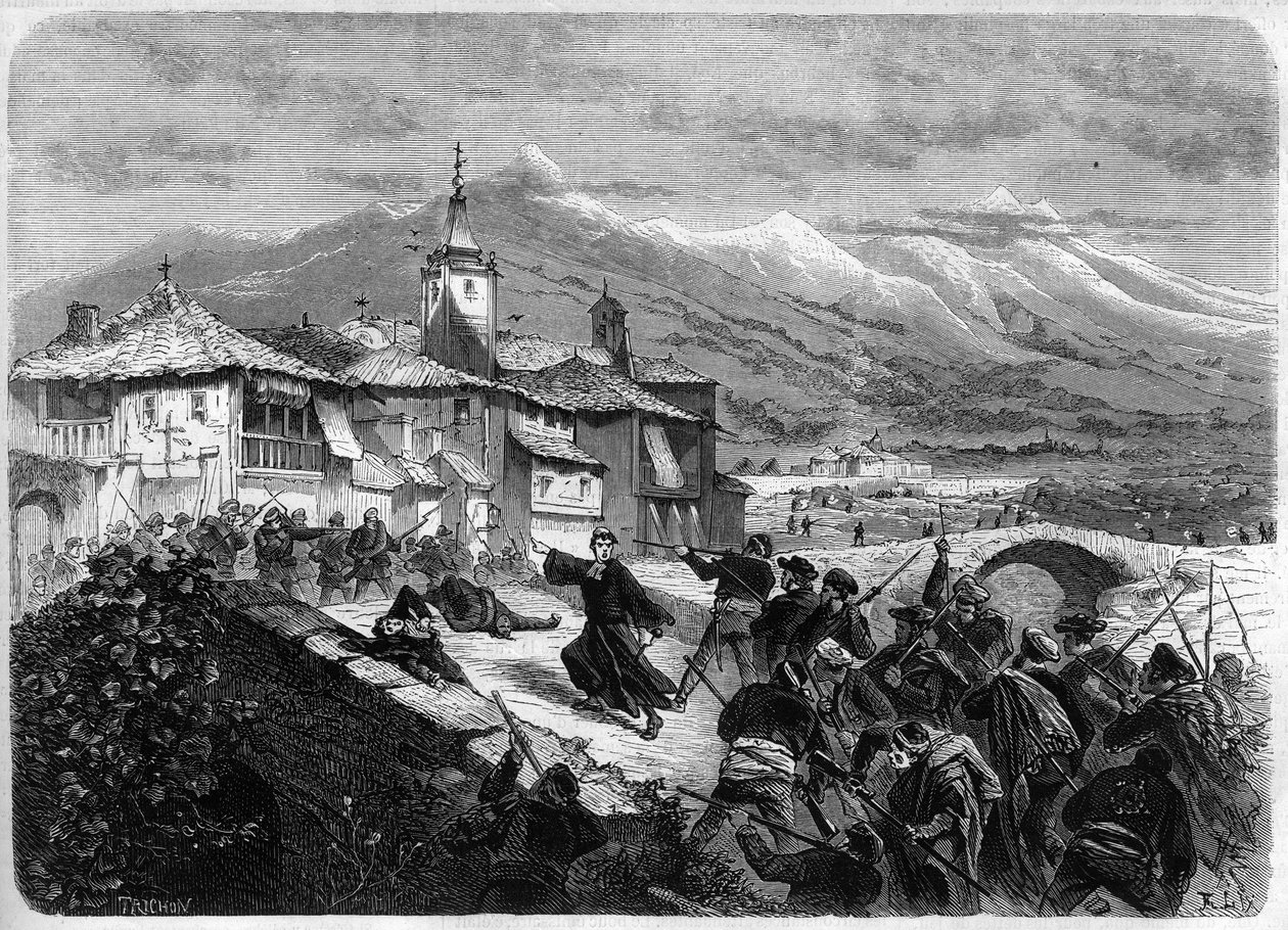 الحرب الكارلية الثالثة (1872-1876): معركة بين القوات الحكومية وفرقة كارليست في نافارا بإسبانيا. نقش في "" L'Univers اللامع "" بواسطة فنان غير معروف