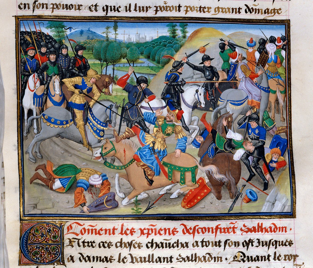 الحملة الصليبية الثالثة: "كيف يؤكد المسيحيون صلاح الدين" صلاح الدين (1138-1193) (صلاح الدين يوسف الأيوبي (الأيوبي) هُزمت من قبل الحروب الصليبية حوالي عام 1191. صورة مصغرة من "" Chronicle abregee "" لديفيد أوبير بواسطة فنان غير معروف