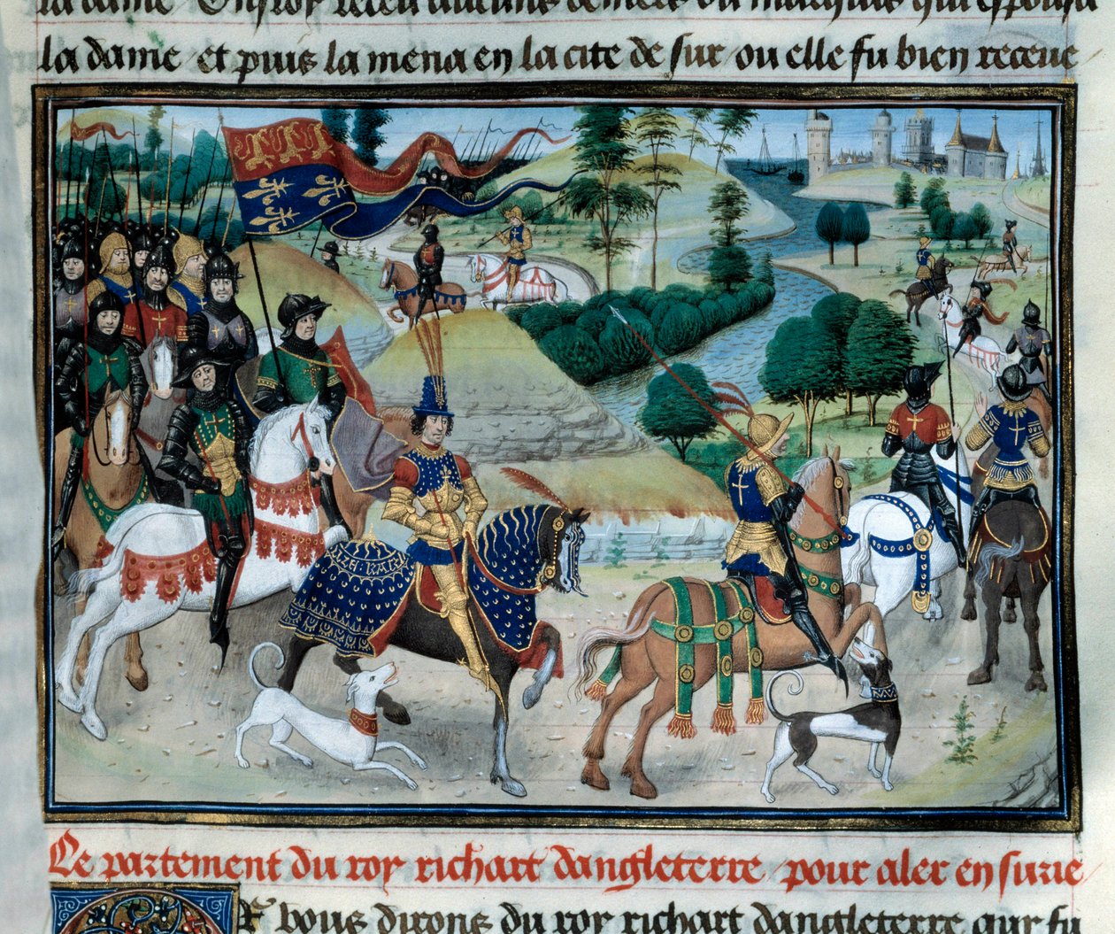 الحملة الصليبية الثالثة: ريتشارد ليون هارت (أو ريتشارد الأول ملك إنجلترا (1157-1199) أبحر في يونيو 1191 للأرض المقدسة عند رحيل قبرص المصغرة المأخوذة من "سجلات الأباطرة" "لويسيت ليديت (1420-1479) القرن الخامس عشر. باريس ، مكتبة الارسنال بواسطة فنان غير معروف