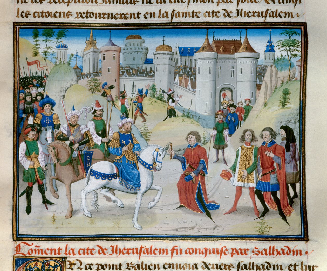 الحملة الصليبية الثالثة: استيلاء السلطان صلاح الدين (1138-1193) على القدس (صلاح الدين يوسف الأيوبي (الأيوبي) عام 1187. صورة مصغرة من "" تاريخ الماضي "بقلم ديفيد أوبير بواسطة فنان غير معروف