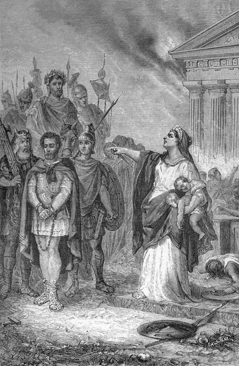 الحرب البونيقية الثالثة: انتحار زوجة الجنرال القرطاجي. نقش 1884 بواسطة فنان غير معروف