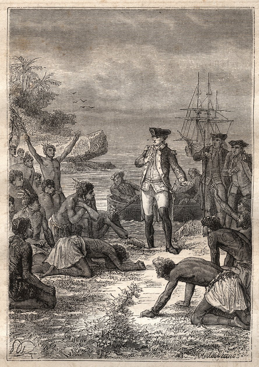 الرحلة الثالثة (1776-1779) للكابتن جيمس كوك (1728-1779): استقبال كوك من قبل السكان الأصليين (هاواي) - رسم توضيحي مأخوذ من "البحارة العظماء في القرن الثامن عشر" بواسطة فنان غير معروف