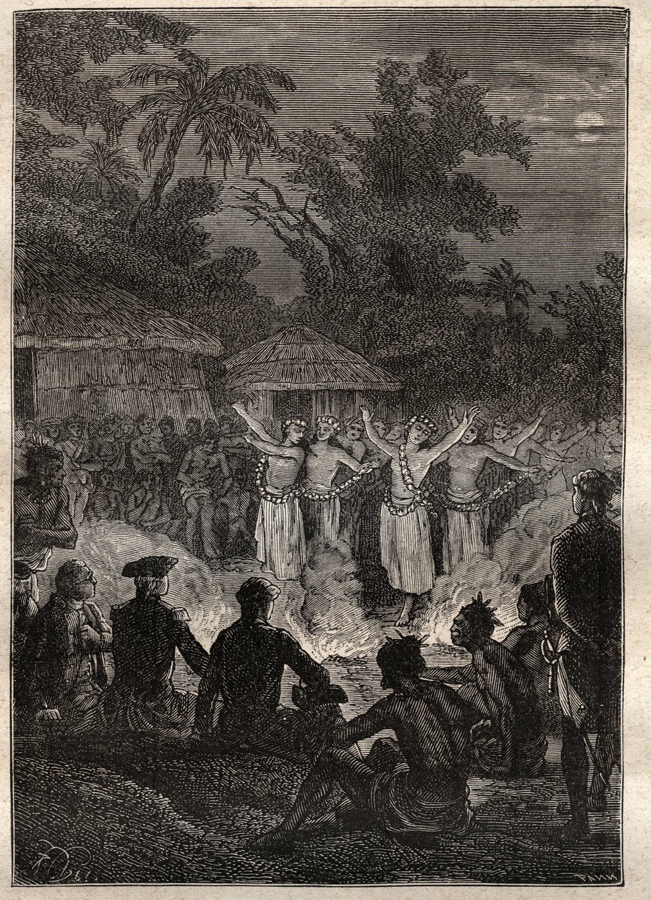 الرحلة الثالثة (1776-1779) للكابتن جيمس كوك (1728-1779): وليمة على جزر الأصدقاء (مملكة تونغا ، بولينيزيا) - رسم توضيحي مأخوذ من "البحارة العظماء في القرن الثامن عشر" بواسطة فنان غير معروف