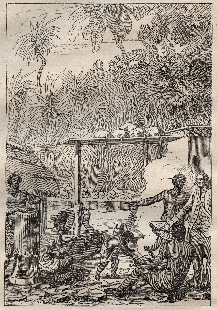 الرحلة الثالثة (1776-1779) للكابتن جيمس كوك (1728-1779): التضحية البشرية لتاهيتي - رسم مأخوذ من "البحارة العظماء في القرن الثامن عشر" بواسطة فنان غير معروف
