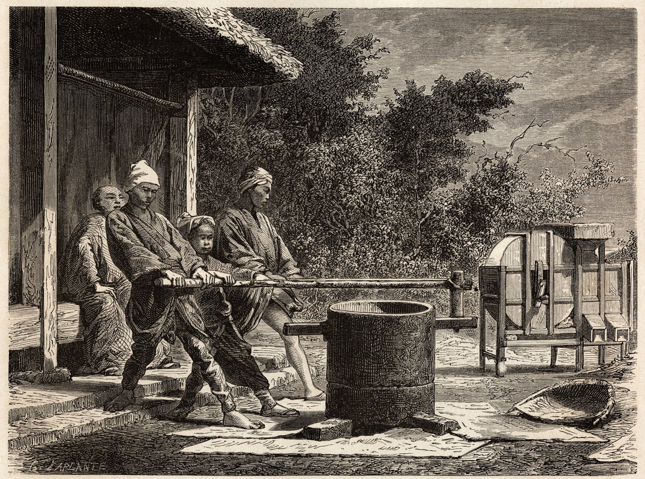ثلاثة فلاحين يعملون في مطحنة الأرز. نقش لتوضيح الرحلة إلى اليابان في 1863-1864 ، بقلم آيم هامبرت ، وزير الاتحاد السويسري ، في "Le Tour du monde ، nouveau journal des voyages" ، المنشور تحت إشراف إدوارد شارتون بواسطة فنان غير معروف