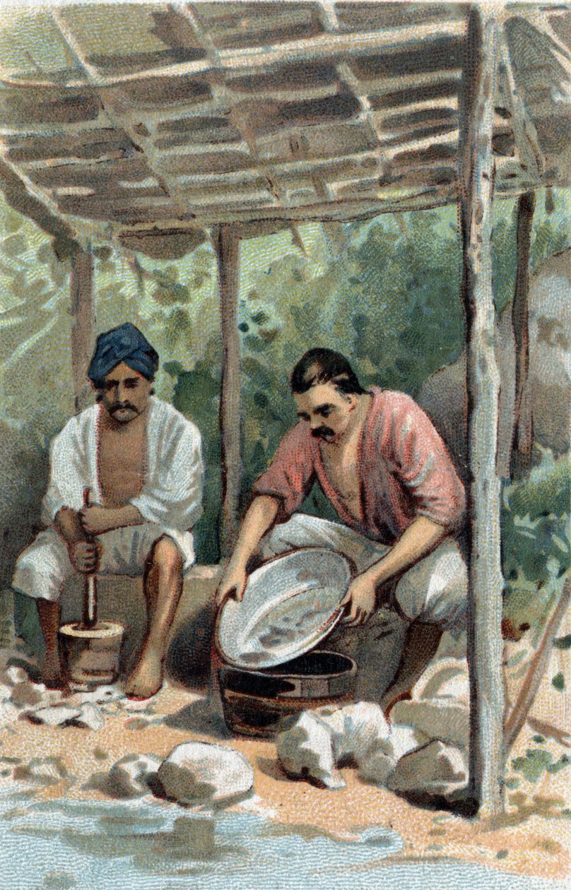أجهزة غسل الصفيح في مالاكا (مالاكا) ، ماليزيا. Chromolitography أواخر القرن التاسع عشر. بواسطة فنان غير معروف