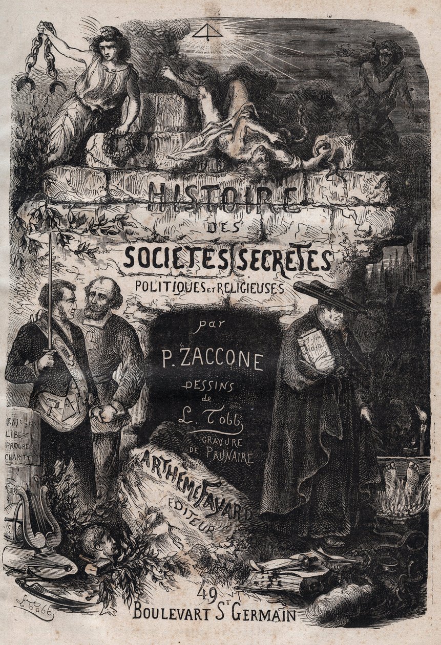صفحة عنوان "" تاريخ المجتمعات السرية والسياسية والدينية "بقلم بيير زكون (1817-1895) بواسطة فنان غير معروف