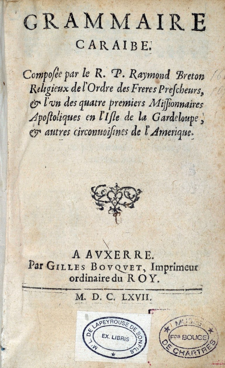 صفحة عنوان "قواعد الكاريبي" للأب القس رايموند بريتون ، المستوطن الدومينيكي. 1667 شارتر ، متحف الفنون الجميلة بواسطة فنان غير معروف