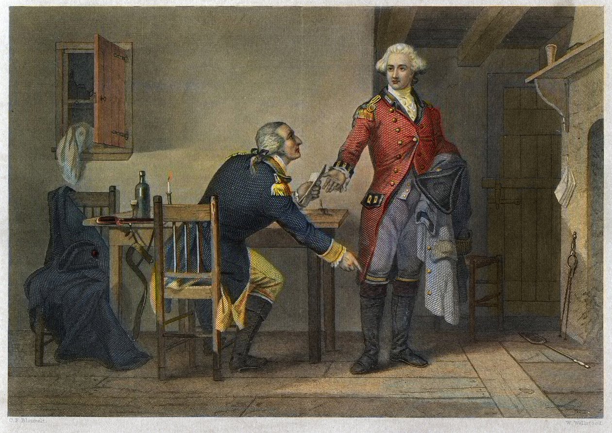 Trahison of Arnold - حرب الاستقلال أو الثورة الأمريكية (1775-1783) - نجح بنديكت أرنولد (1741-1801) في إقناع الرائد جون أندريه (1750-1780) لإخفاء خطط ويست بوينت في حذائه في اجتماعهم في 21 سبتمبر. 1780. بواسطة فنان غير معروف